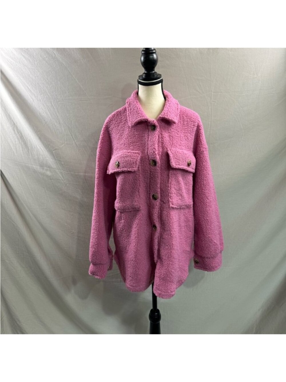 Flap Pocket Drop Shoulder Teddy Coat Jacket Pink - Picture 8 of 10